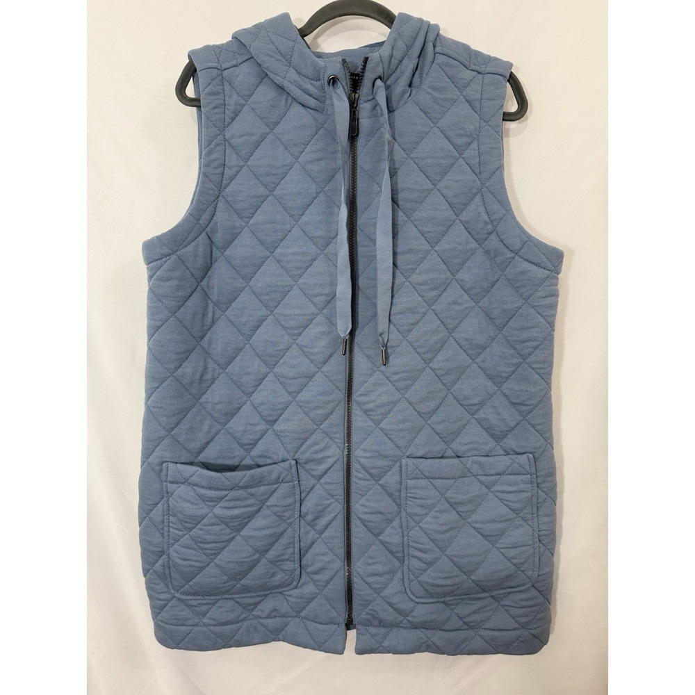 Susan Graver Weekend Blue Quilted Knit Zip Front Vest with Hood Size Womens‎ L